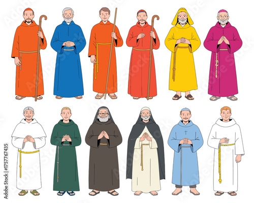 Diverse religious figures in traditional robes and habits