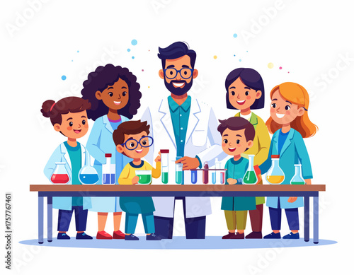 Teacher Teaching Science Experiment to Cheerful Students in Laboratory Illustration