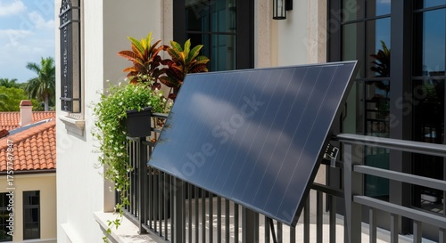 Close-up of modern glossy black solar panel with vertical lines and cloud reflections mounted on balcony railings of Mediterranean Revival style house in Coral Gables, Florida, USA