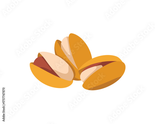 Three open pistachios with shells and kernels on a white background