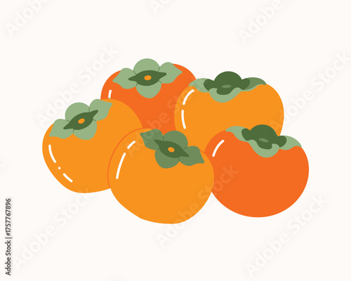 A pile of ripe orange persimmons with green stems