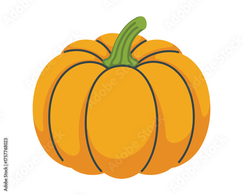 Bright orange pumpkin with green stem isolated on white background