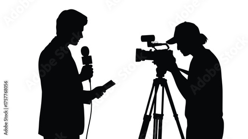 Silhouette of a journalist interviewing a cameraman with a video camera