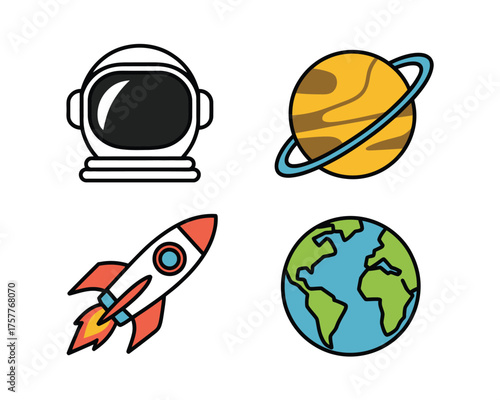 Cute cartoon space icons astronaut helmet rocket planet earth saturn