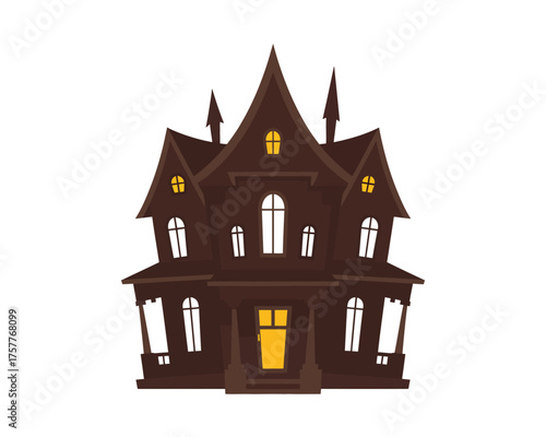Spooky haunted house with glowing windows and pointed roof