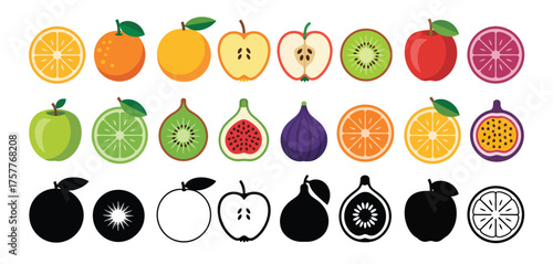 Collection of colorful fruits and their silhouettes in a flat design style