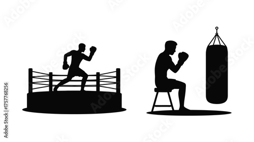 Boxing silhouette of a fighter in a ring and a boxer training with a punching bag