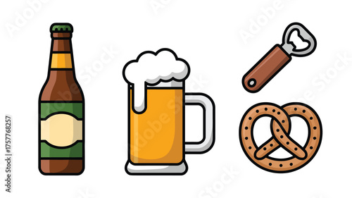 Beer bottle mug pretzel and bottle opener icons