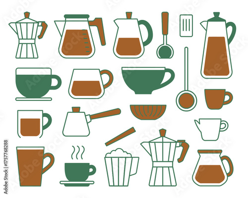 Collection of coffee making and drinking utensils and vessels