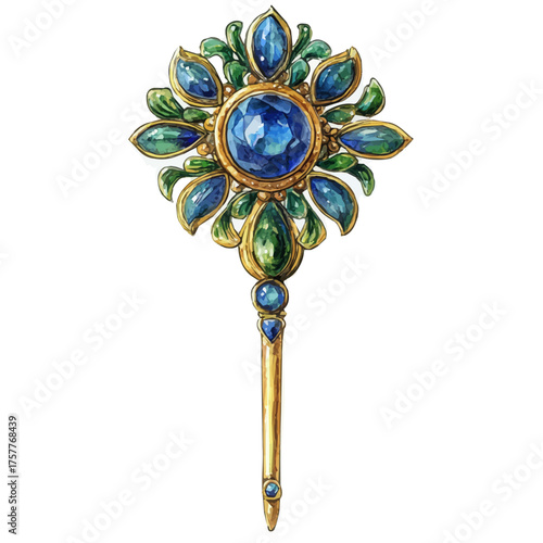 Jeweled Hairpin, watercolor drawing vector, isolated on a white background.