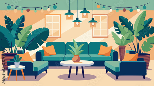 A cozy lounge area with couches and plants perfect for socializing and relaxing during breaks.