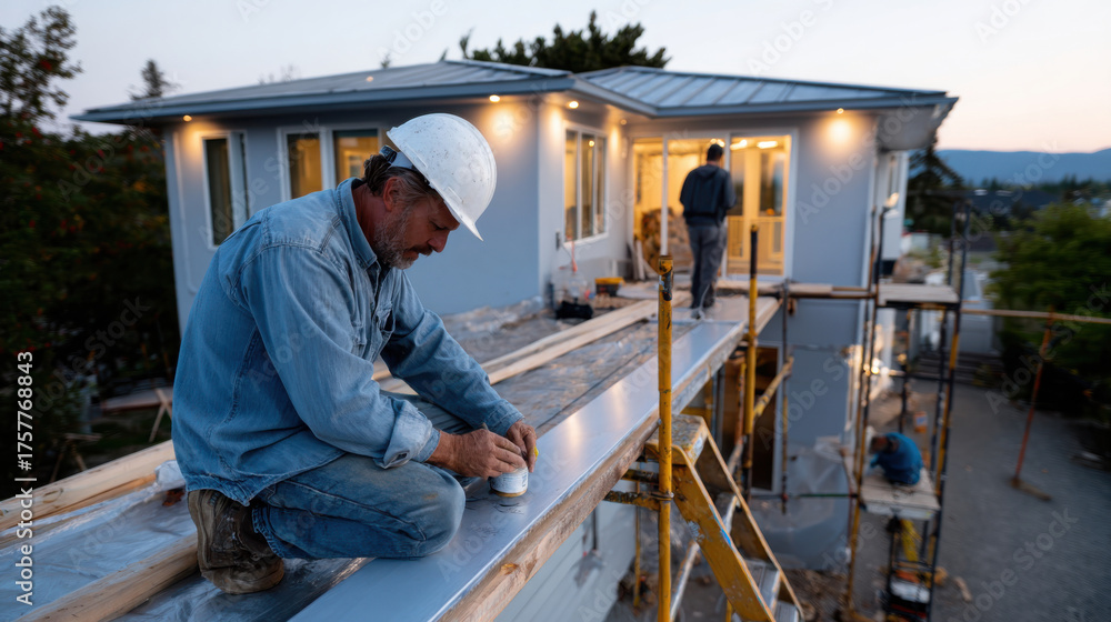 Fototapeta premium A dedicated worker conducts metalwork on a house roof during twilight, illustrating the blend of skilled craftsmanship and the allure of the fading evening light in construction efforts.
