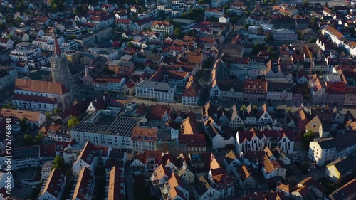 Aerial panoramic view of the old town city Pfaffenhofen an der Ilm in Germany, Bavaria on a sunny spring afternoon