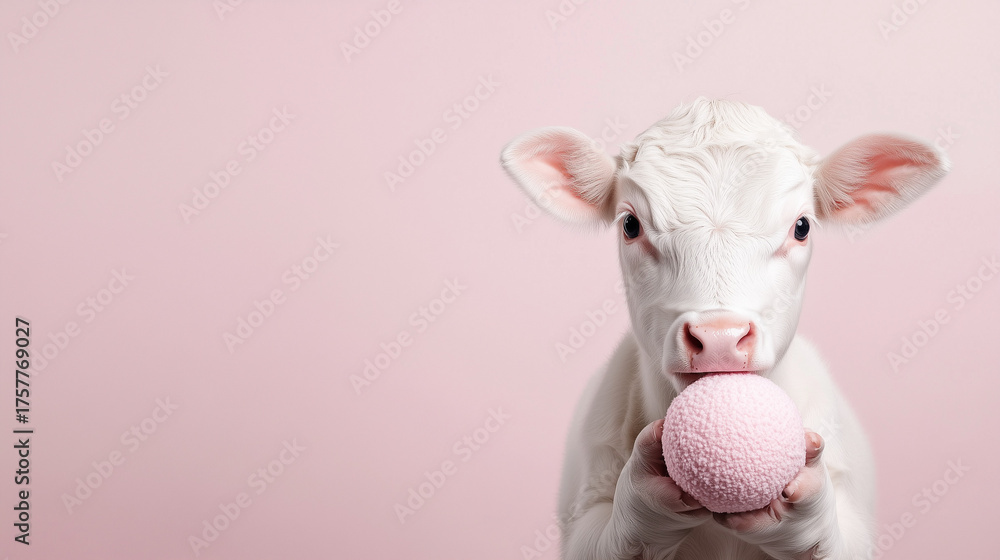 Naklejka premium Pink cow in minimalist studio composition