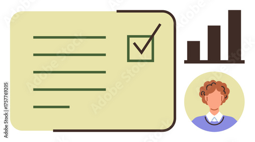 Checklist with marked item, statistical bar chart, and user avatar symbolize productivity, progress, and achievement. Ideal for planning, analysis, teamwork, goal setting management organization