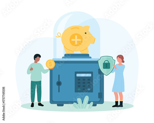 Emergency fund, finance savings to cover expenses for SOS cases, retirement vector illustration. Cartoon tiny people holding shield with lock and money to protect piggy bank with cash in safe