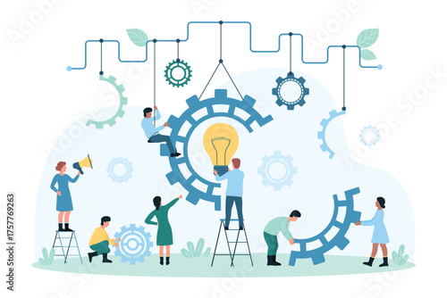 Work process on digital creative idea and innovation vector illustration. Cartoon team of tiny people holding parts of machine, characters put light bulb inside gear together, research tech solutions