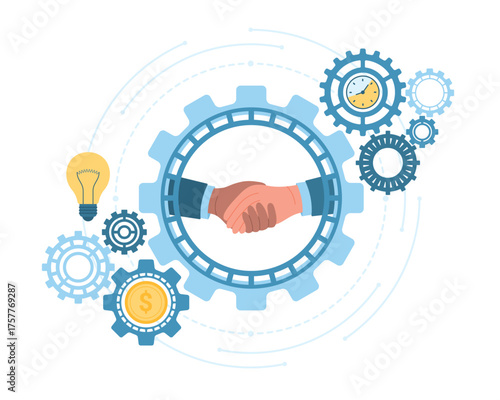 Productivity of teamwork, partnership vector illustration. Cartoon isolated handshake of business people inside gear of engine, agreement, trust and support of corporate partners and shareholders