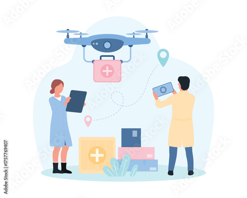 Delivery of medicines and humanitarian aid by drone vector illustration. Cartoon robot with propeller carrying emergency medical box to tiny people, doctors control drone with parcel from tablet
