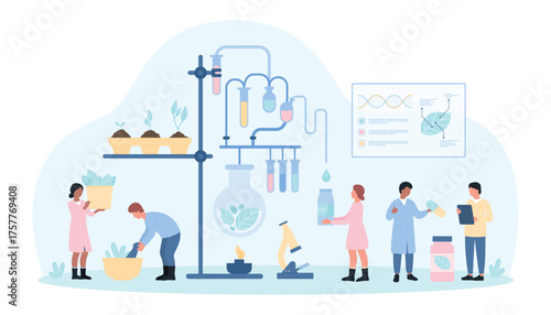 Naturopathy vector illustration. Cartoon tiny doctors make naturopathic healing pills from natural plants and flowers, people grow herbal ingredients for holistic medicine, supplement and medication