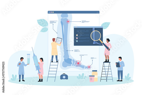 Diagnosis of orthopedic diseases, radiology vector illustration. Cartoon tiny people check xray of patients leg for diagnosis, orthopedists with magnifying glass monitor bones and joints on screen