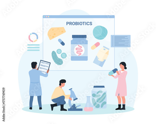 Probiotics and prebiotics for digestive health vector illustration. Cartoon tiny people recommend natural fermented food with probiotics and fiber, supplement products improve intestinal microbiome
