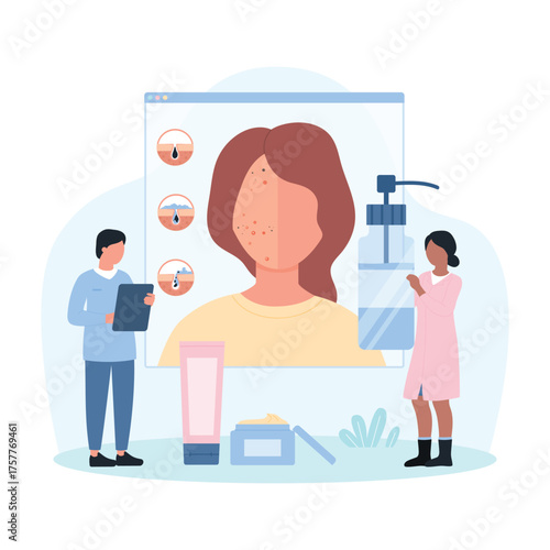 Dermatology and cosmetology for acne problem vector illustration. Cartoon tiny people study formation of inflammation comedones and pimple on science chart, offer skincare product for acne treatment