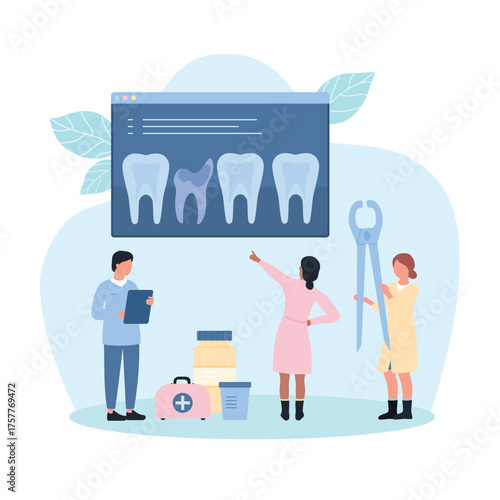 Bad tooth removal in hospital, dentistry vector illustration. Cartoon tiny dentists study xray of teeth to remove dead broken human tooth with dental tool, surgery extraction and operation in clinic
