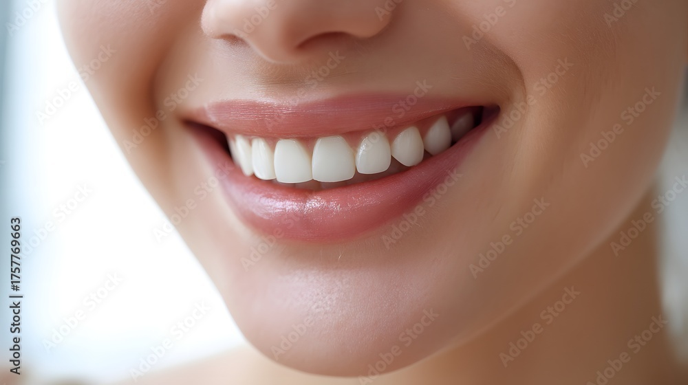 Obraz premium Close-Up of a Happy Woman Smiling with Perfect White Teeth