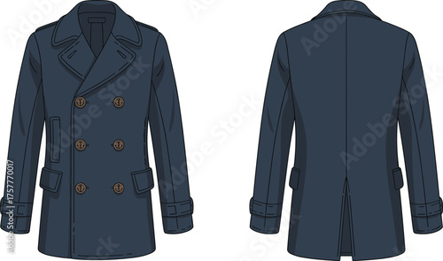 CAD drawing flat vector illustration of navy blue pea coat with double breasted buttons, wide lapels, flap pockets, vent back formal outerwear