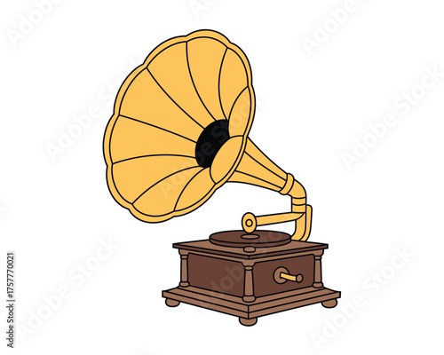 Vintage gramophone with large golden horn on wooden base