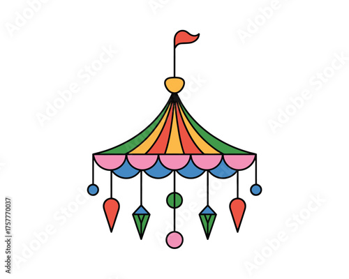 Colorful hand drawn carousel tent with hanging decorations and flag