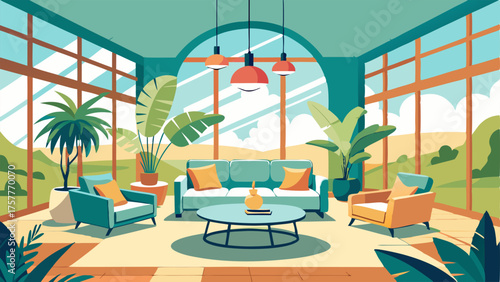 A bright and airy sunroom with large windows featuring a mix of modern and tropicalinspired furniture and decor.