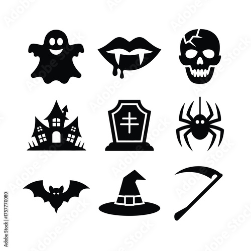 Collection of black halloween icons and symbols on white background