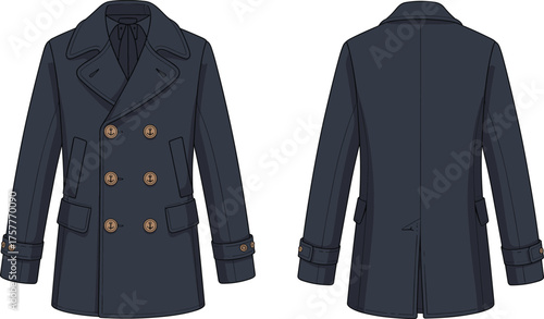 CAD drawing flat vector illustration of navy blue pea coat with double breasted buttons, wide lapels, waist tabs, vent back tailored outerwear