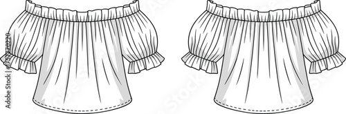 CAD drawing flat vector illustration of off the shoulder blouse with puff sleeves, ruffle trim, pleated bodice, gathered neckline women fashion design