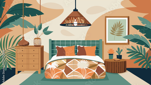 A cozy guest room with tropicalprinted bedding a rattan accent wall and a woven basket pendant light.