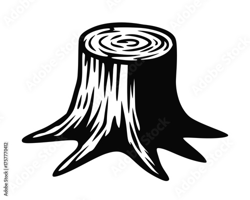Black and white illustration of a tree stump with exposed roots