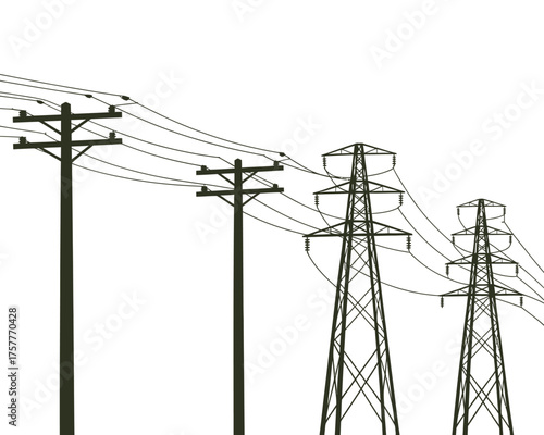 Electricity transmission towers and wooden poles against a white background