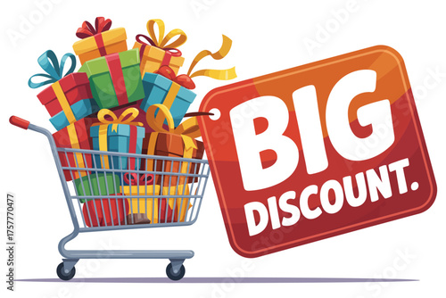 Shopping cart overflowing with colorful gift boxes and a big discount tag