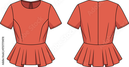 CAD drawing flat vector illustration of short sleeve peplum top with fitted bodice, flared ruffle hem, princess seams, keyhole back closure design