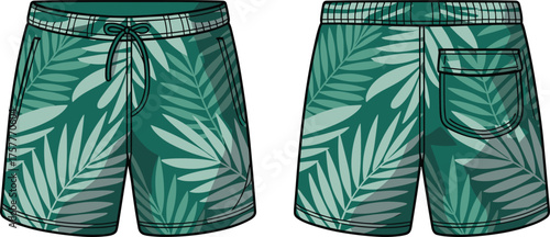 CAD drawing flat vector illustration of tropical shorts with green leaf pattern, drawstring waistband, side pockets, elastic back, summer beachwear design
