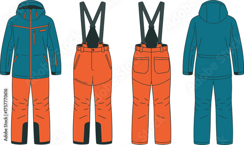 CAD drawing flat vector illustration of winter ski outfit with teal hooded jacket, orange bib pants, reinforced panels, zip pockets, insulated sportswear design