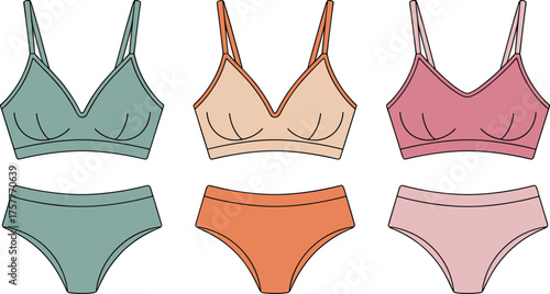 CAD drawing flat vector illustration of women underwear sets with bra and panties, simple design, multiple colors, lingerie fashion clothing design