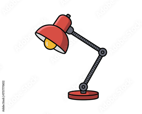 Red desk lamp with adjustable arm and light bulb