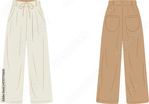 Casual wide‑leg pants front and back view, CAD drawing, flat vector illustration, relaxed apparel template, drawstring and elastic waistband design, editable garment sketch