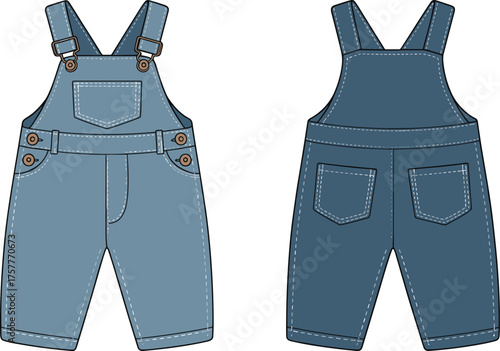 Children’s denim overalls front and back view, CAD drawing, flat vector illustration, kidswear template, casual apparel design, pocket garment sketch, adjustable straps outfit