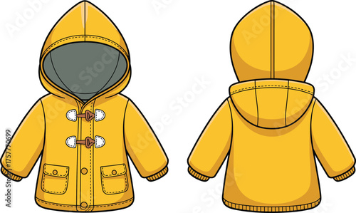 Children’s hooded toggle coat front and back view, CAD drawing, flat vector illustration, kids outerwear template, winter apparel design, warm garment sketch