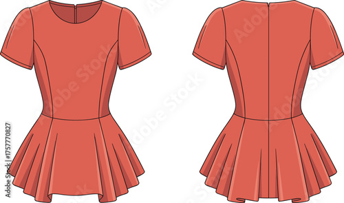 Reddish orange flared dress front and back view, short puff sleeves, fitted bodice, round neckline, stylish women’s fashion apparel, elegant clothing design