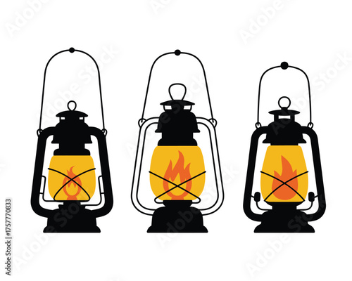 Three vintage kerosene lanterns with glowing flames on a white background